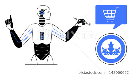 Artificial intelligence, robotics, e-commerce, eco-friendly technology, sustainability, innovation. A robot holding tools near a shopping cart icon and a leaf badge. AI and robotics in sustainability Artificial intelligence, robotics, e-commerce, eco-friendly technology, sustainability, innovation. A robot holding tools near a shopping cart icon and a leaf badge. AI and robotics in sustainability 142000632