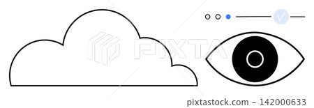 Cloud computing, data security, vision, privacy, monitoring, online verification. Minimalist cloud and eye icon with verification symbol. Cloud computing and data security concept 142000633