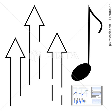 Music streaming, data trends, industry growth, analytics, creativity, chart tracking. Arrows pointing upward with a music note and analytics chart. Music streaming and data trends concepts Music streaming, data trends, industry growth, analytics, creativity, chart tracking. Arrows pointing upward with a music note and analytics chart. Music streaming and data trends concepts 142000636