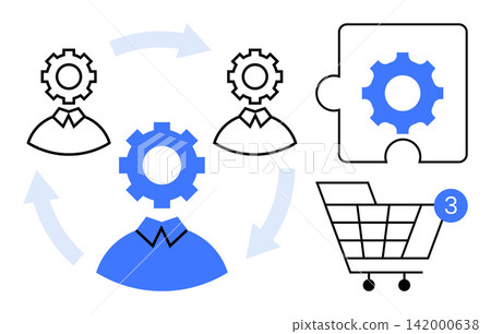 Business strategy, teamwork, automation, e-commerce, workflow management, process optimization. Gear icons with people, arrows puzzle piece and shopping cart. Collaboration and automation Business strategy, teamwork, automation, e-commerce, workflow management, process optimization. Gear icons with people, arrows puzzle piece and shopping cart. Collaboration and automation 142000638