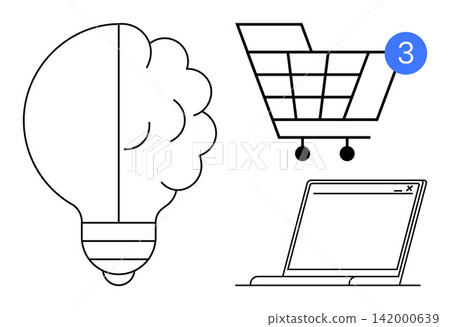 E-commerce, innovation, online business, shopping notifications, digital marketing, startup ideas. a lightbulb, shopping cart and laptop with a notification. E-commerce and innovation concept E-commerce, innovation, online business, shopping notifications, digital marketing, startup ideas. a lightbulb, shopping cart and laptop with a notification. E-commerce and innovation concept 142000639