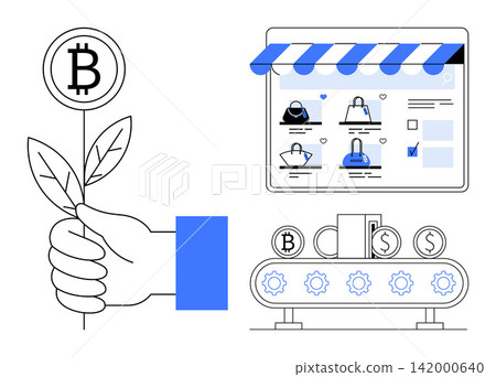 Cryptocurrency, online shopping, automation, financial growth, digital economy, blockchain technology. A hand holding a Bitcoin plant, an online shop and a crypto production line. Cryptocurrency Cryptocurrency, online shopping, automation, financial growth, digital economy, blockchain technology. A hand holding a Bitcoin plant, an online shop and a crypto production line. Cryptocurrency 142000640