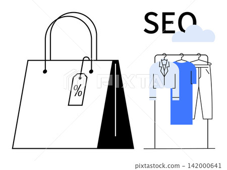 eCommerce, online shopping, retail strategies, SEO optimization, digital marketing, sales promotion. Shopping bag with discount tag and clothing rack. eCommerce and retail strategies concept eCommerce, online shopping, retail strategies, SEO optimization, digital marketing, sales promotion. Shopping bag with discount tag and clothing rack. eCommerce and retail strategies concept 142000641