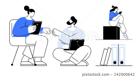 Workplace communication, teamwork, remote collaboration, digital workflow, technology usage, online education. Two people with digital devices in a workspace. Teamwork and digital workflow concept Workplace communication, teamwork, remote collaboration, digital workflow, technology usage, online education. Two people with digital devices in a workspace. Teamwork and digital workflow concept 142000642