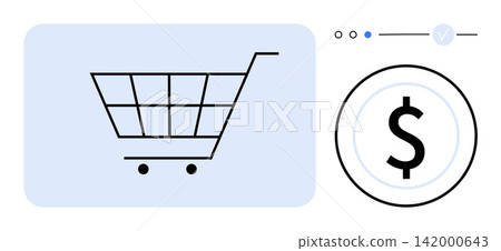 E-commerce, online shopping, payment systems, retail business, financial transactions, digital trade. A shopping cart and dollar sign symbol on a minimal design layout. E-commerce and payment systems E-commerce, online shopping, payment systems, retail business, financial transactions, digital trade. A shopping cart and dollar sign symbol on a minimal design layout. E-commerce and payment systems 142000643