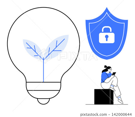 Environmental sustainability, online security, personal safety, innovation, technology, digital literacy. Bulb with sapling, shield with lock person using tablet. Sustainability and online security Environmental sustainability, online security, personal safety, innovation, technology, digital literacy. Bulb with sapling, shield with lock person using tablet. Sustainability and online security 142000644
