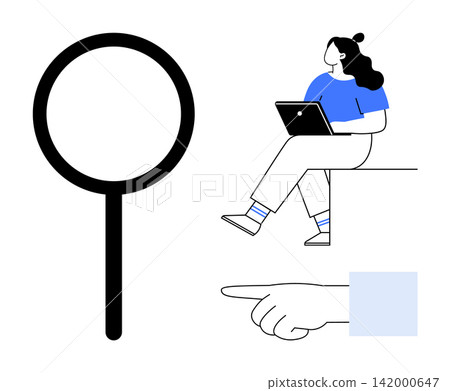 Online research, data analysis, user engagement, technology communication, learning, and guidance. Woman with laptop, pointer hand and magnifying glass icons. Online research and data analysis 142000647