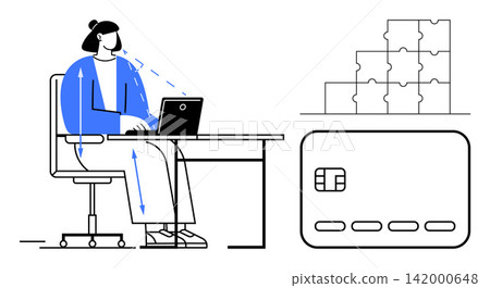 Remote work, data privacy, online payments, problem solving, collaboration, digital security. Person at desk with laptop, puzzle pieces and credit card. Remote work and data privacy concept Remote work, data privacy, online payments, problem solving, collaboration, digital security. Person at desk with laptop, puzzle pieces and credit card. Remote work and data privacy concept 142000648