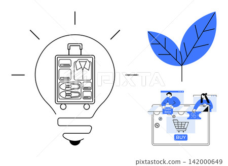 Sustainability, online shopping, eco-friendly design, innovative retail, minimalist illustration, modern e-commerce. Lightbulb symbol with suitcase, leaf and cart checkout. Sustainability and online Sustainability, online shopping, eco-friendly design, innovative retail, minimalist illustration, modern e-commerce. Lightbulb symbol with suitcase, leaf and cart checkout. Sustainability and online 142000649
