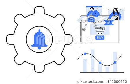 Online shopping, e-commerce tools, cashback notifications, financial analytics, digital marketing, user experience. Gear with bell icon, shopping cart cashback visuals data graph. E-commerce tools Online shopping, e-commerce tools, cashback notifications, financial analytics, digital marketing, user experience. Gear with bell icon, shopping cart cashback visuals data graph. E-commerce tools 142000650