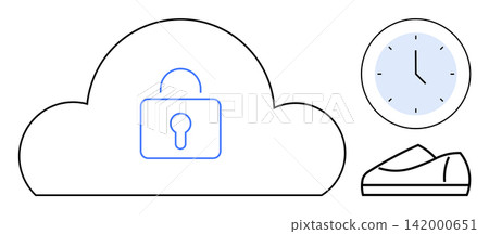 Data security, cloud storage, time tracking, online safety, digital management, network access. Cloud with lock, clock and shoe icon. Data security and cloud storage concept Data security, cloud storage, time tracking, online safety, digital management, network access. Cloud with lock, clock and shoe icon. Data security and cloud storage concept 142000651