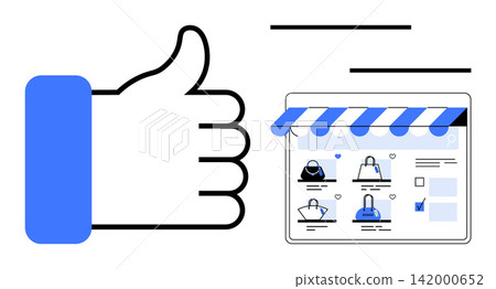 E-commerce, online shopping, customer satisfaction, retail marketing, digital storefronts, website design. Thumbs-up icon next to an online shopping page. E-commerce and customer satisfaction 142000652