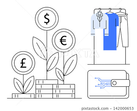 Financial investment, eco-friendly retail, digital economy, personal finance, global markets, fintech innovation. Currency symbols on plants, clothes on hangers and a digital wallet. Financial Financial investment, eco-friendly retail, digital economy, personal finance, global markets, fintech innovation. Currency symbols on plants, clothes on hangers and a digital wallet. Financial 142000653
