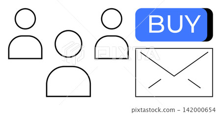 Digital marketing, e-commerce, email campaigns, online shopping, customer engagement, communication. Three person icons with an email envelope and a blue buy button. Digital marketing and e-commerce Digital marketing, e-commerce, email campaigns, online shopping, customer engagement, communication. Three person icons with an email envelope and a blue buy button. Digital marketing and e-commerce 142000654