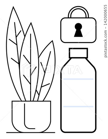 Sustainability, security, eco-friendly lifestyle, protection, modern design, minimalism. A potted plant, bottle and padlock icon in black and white. Sustainability and security concepts Sustainability, security, eco-friendly lifestyle, protection, modern design, minimalism. A potted plant, bottle and padlock icon in black and white. Sustainability and security concepts 142000655