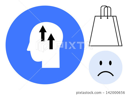 Consumer psychology, shopping habits, emotional impact, retail motivation, decision making, spending patterns. Head with upward arrows, shopping bag and sad face. Consumer psychology and shopping Consumer psychology, shopping habits, emotional impact, retail motivation, decision making, spending patterns. Head with upward arrows, shopping bag and sad face. Consumer psychology and shopping 142000656
