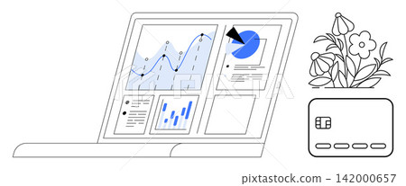 Data analysis, financial management, e-commerce, business strategy, productivity, online payments. Laptop screen with charts and graphs, plant and a bank card. Data analysis and financial management Data analysis, financial management, e-commerce, business strategy, productivity, online payments. Laptop screen with charts and graphs, plant and a bank card. Data analysis and financial management 142000657