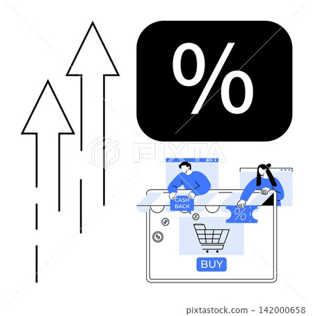 E-commerce, cashback offers, discount shopping, online retail, consumer trends, market growth. Graphic with rising arrows, shopping cart percentage sign and digital transactions. E-commerce E-commerce, cashback offers, discount shopping, online retail, consumer trends, market growth. Graphic with rising arrows, shopping cart percentage sign and digital transactions. E-commerce 142000658