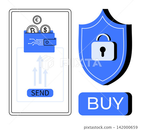 Cryptocurrency, mobile payments, e-commerce, digital security, financial transactions, online safety. A smartphone shows a mobile wallet with coins and a buy button near a shield icon. Cryptocurrency Cryptocurrency, mobile payments, e-commerce, digital security, financial transactions, online safety. A smartphone shows a mobile wallet with coins and a buy button near a shield icon. Cryptocurrency 142000659