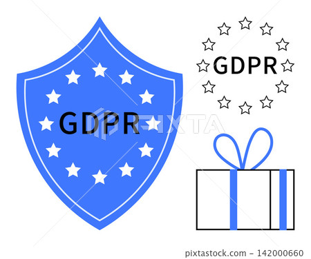 Data privacy, compliance regulations, online security, information safety, user rights, digital transparency. Blue shield with stars, gift box and GDPR text. Data privacy and compliance regulations Data privacy, compliance regulations, online security, information safety, user rights, digital transparency. Blue shield with stars, gift box and GDPR text. Data privacy and compliance regulations 142000660