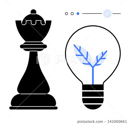 Business strategy, innovation, sustainable ideas, leadership, eco-friendly solutions, creativity. Black chess king piece alongside lightbulb a growing sprout. Strategy and innovation concept Business strategy, innovation, sustainable ideas, leadership, eco-friendly solutions, creativity. Black chess king piece alongside lightbulb a growing sprout. Strategy and innovation concept 142000661