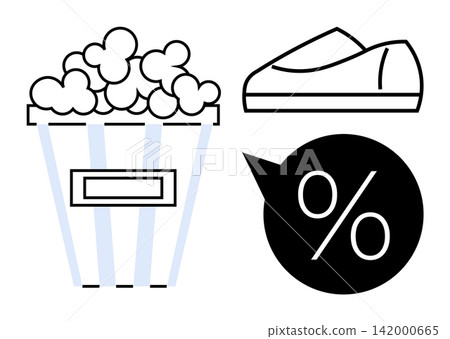 Entertainment, retail shopping, discounts, sales promotions, leisure activities, consumer behavior. Popcorn, shoe and percentage symbol in minimalist style. Entertainment and retail shopping concept Entertainment, retail shopping, discounts, sales promotions, leisure activities, consumer behavior. Popcorn, shoe and percentage symbol in minimalist style. Entertainment and retail shopping concept 142000665