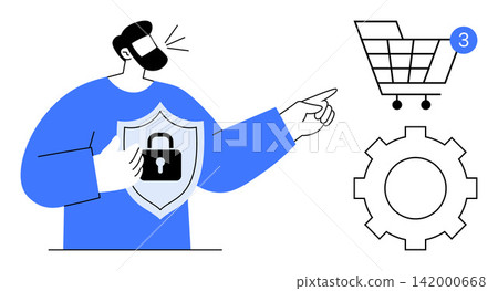 Online security, e-commerce safety, data protection, secure transactions, digital identity, technology innovation. Person holding lock shield points to cart and gear. Online security, e-commerce Online security, e-commerce safety, data protection, secure transactions, digital identity, technology innovation. Person holding lock shield points to cart and gear. Online security, e-commerce 142000668