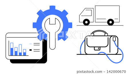 Business workflow, logistics planning, data analysis, supply chain, maintenance tools, travel essentials. Gear with wrench, truck briefcase and data chart. Logistics and data analysis concept Business workflow, logistics planning, data analysis, supply chain, maintenance tools, travel essentials. Gear with wrench, truck briefcase and data chart. Logistics and data analysis concept 142000670