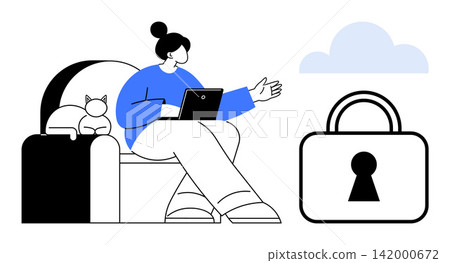 Online security, data privacy, remote work, digital communication, cloud storage, cybersecurity. Woman working on laptop next to cat, cloud and padlock symbol. Online security and data privacy 142000672