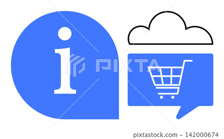 Online shopping, cloud storage, customer support, digital marketing, e-commerce, data sharing. Blue information icon, cloud icon shopping cart in a speech bubble. Online shopping and cloud storage 142000674