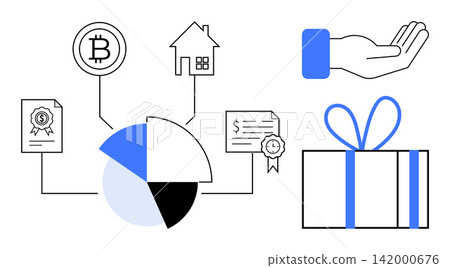 Blockchain technology, asset management, smart contracts, gifting, cryptocurrency transactions, financial analysis. Diagram of Bitcoin, pie chart hand gift house certifications. Blockchain Blockchain technology, asset management, smart contracts, gifting, cryptocurrency transactions, financial analysis. Diagram of Bitcoin, pie chart hand gift house certifications. Blockchain 142000676