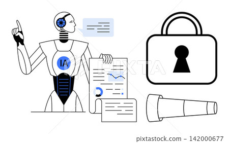 Data analysis, cybersecurity, AI advancements, technology protection, automation, and innovation. A humanoid robot presenting data with security and analytics icons. Data analysis and cybersecurity Data analysis, cybersecurity, AI advancements, technology protection, automation, and innovation. A humanoid robot presenting data with security and analytics icons. Data analysis and cybersecurity 142000677