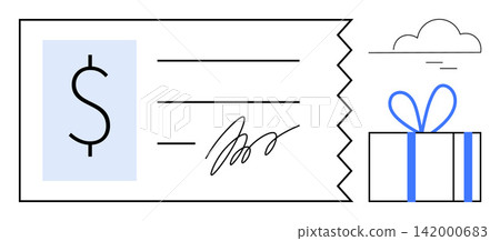 Gift cards, rewards, financial gifts, e-commerce, loyalty programs, holiday presents. A certificate with a dollar symbol, signature and gift box. Gift cards and financial gifts concept Gift cards, rewards, financial gifts, e-commerce, loyalty programs, holiday presents. A certificate with a dollar symbol, signature and gift box. Gift cards and financial gifts concept 142000683