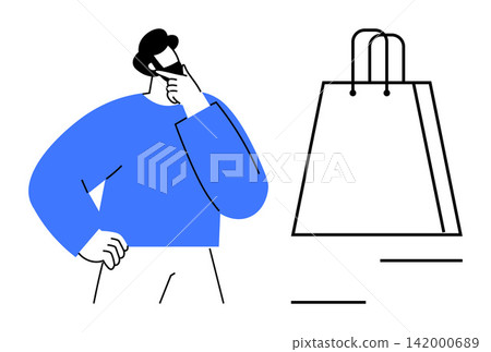 Consumer behavior, shopping choices, e-commerce, retail trends, decision-making, online shopping. Man thinking while observing a shopping bag. Consumer behavior and shopping choices concept 142000689