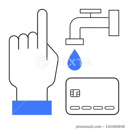 Digital transactions, water conservation, sustainable living, resource management, payment systems, modern lifestyle. Hand pointing up, water drop from tap credit card. Digital transactions 142000690