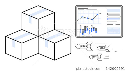 Cybersecurity, supply chain management, risk analysis, data protection, system vulnerability, threat monitoring. Graph and boxes with DDoS attack symbols. Cybersecurity and risk analysis concept Cybersecurity, supply chain management, risk analysis, data protection, system vulnerability, threat monitoring. Graph and boxes with DDoS attack symbols. Cybersecurity and risk analysis concept 142000691