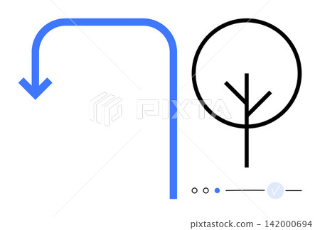 Sustainability, navigation, design interface, growth concepts, eco-friendly solutions, direction signs. Blue downward arrow and tree-thumbs up symbol in minimalist style. Sustainability Sustainability, navigation, design interface, growth concepts, eco-friendly solutions, direction signs. Blue downward arrow and tree-thumbs up symbol in minimalist style. Sustainability 142000694
