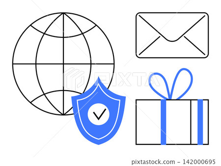 Digital security, global connectivity, e-commerce, secure transactions, data privacy, online services. Globe, shield with checkmark envelope wrapped gift. Digital security and global connectivity Digital security, global connectivity, e-commerce, secure transactions, data privacy, online services. Globe, shield with checkmark envelope wrapped gift. Digital security and global connectivity 142000695