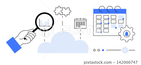 Data analysis, cloud computing, task scheduling, workflow optimization, data management, productivity tools. Hand holding magnifying glass, cloud calendar and gear icons. Cloud computing and task Data analysis, cloud computing, task scheduling, workflow optimization, data management, productivity tools. Hand holding magnifying glass, cloud calendar and gear icons. Cloud computing and task 142000747