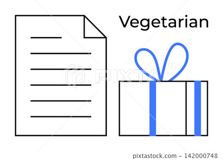 Gift-giving, dietary preferences, vegetarian lifestyle, minimalism, healthy living, conceptual design. A gift box with a blue ribbon near a document and the word vegetarian. Gift-giving and dietary Gift-giving, dietary preferences, vegetarian lifestyle, minimalism, healthy living, conceptual design. A gift box with a blue ribbon near a document and the word vegetarian. Gift-giving and dietary 142000748