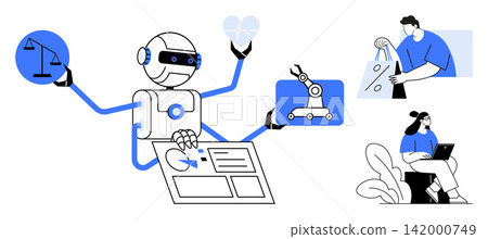 Artificial intelligence, automation, robotics, decision-making, e-commerce, future technology. Robot multitasking with scales, heart and robotic arm alongside people using devices. AI Artificial intelligence, automation, robotics, decision-making, e-commerce, future technology. Robot multitasking with scales, heart and robotic arm alongside people using devices. AI 142000749