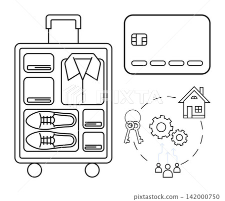Travel, home rental, vacation, property management, digital transactions, personal organization. Outline of luggage, credit card keys gears and a house. Travel and home rental Travel, home rental, vacation, property management, digital transactions, personal organization. Outline of luggage, credit card keys gears and a house. Travel and home rental 142000750