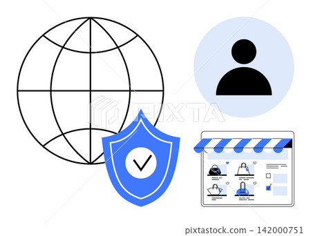 Online security, e-commerce protection, user privacy, global accessibility, cybersecurity, network connection. Globe outline, shield with checkmark, user profile icon and online store interface 142000751