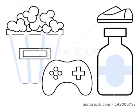 Entertainment, leisure, fitness, recreation, gaming, lifestyle. Popcorn bucket, video game controller shoes and water bottle icon. Leisure and gaming lifestyle Entertainment, leisure, fitness, recreation, gaming, lifestyle. Popcorn bucket, video game controller shoes and water bottle icon. Leisure and gaming lifestyle 142000752