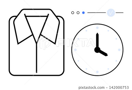 Time management, laundry service, organization, scheduling, productivity, professional care. Folded shirt with clock and progress indicators. Time management and laundry service icon 142000753