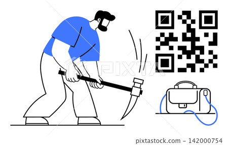 Digital currency, blockchain, financial technology, data mining, payment systems, work innovation. A man using a pickaxe near a QR code and briefcase. Digital currency and blockchain technology theme Digital currency, blockchain, financial technology, data mining, payment systems, work innovation. A man using a pickaxe near a QR code and briefcase. Digital currency and blockchain technology theme 142000754