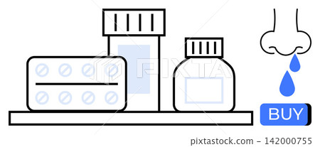 Online shopping, e-pharmacy, nasal care, over-the-counter medicines, health products, digital health services. Medication bottles, tablets nose and buy button. Online shopping and e-pharmacy concept Online shopping, e-pharmacy, nasal care, over-the-counter medicines, health products, digital health services. Medication bottles, tablets nose and buy button. Online shopping and e-pharmacy concept 142000755
