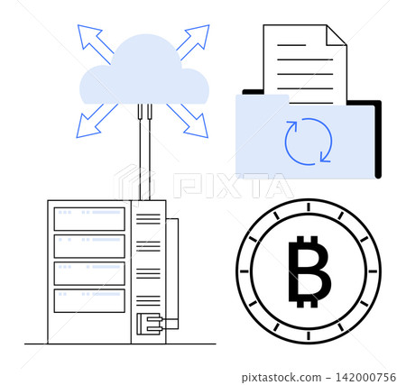 Cloud computing, blockchain, cryptocurrency, file management, data security, digital economy. Simplified server, cloud with arrows file synchronization icon bitcoin symbol. Blockchain Cloud computing, blockchain, cryptocurrency, file management, data security, digital economy. Simplified server, cloud with arrows file synchronization icon bitcoin symbol. Blockchain 142000756