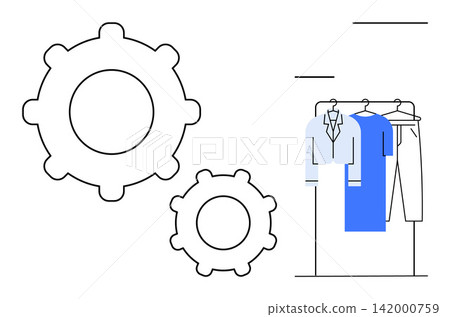 Fashion technology, clothing design, retail automation, manufacturing, process management, innovation. Two gears next to a clothing rack with hanging outfits. Fashion technology and clothing design Fashion technology, clothing design, retail automation, manufacturing, process management, innovation. Two gears next to a clothing rack with hanging outfits. Fashion technology and clothing design 142000759