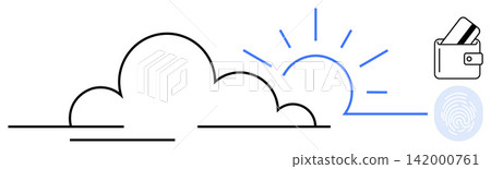 Cloud computing, digital payments, biometric authentication, fintech innovation, data security, future technology. Minimalist design with cloud, sun wallet and fingerprint icons. Cloud computing Cloud computing, digital payments, biometric authentication, fintech innovation, data security, future technology. Minimalist design with cloud, sun wallet and fingerprint icons. Cloud computing 142000761